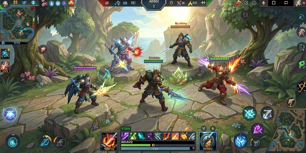 Tampak aksi seru karakter-karakter di arena pertarungan MOBA.