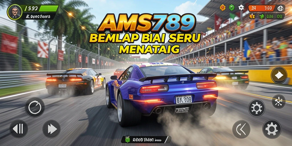 Screenshot gameplay AMS789 menampilkan mobil balap di trek menegangkan.