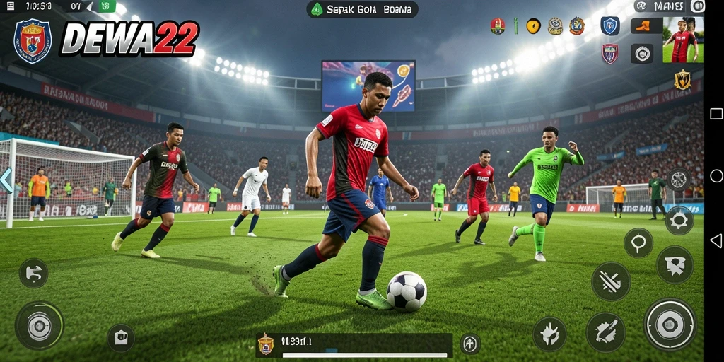 Tampilan gameplay DEWA22 yang penuh aksi di lapangan sepak bola.