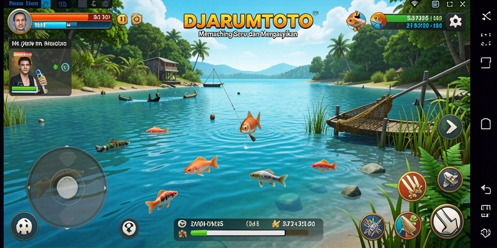 Tampilan gameplay DJARUMTOTO dengan suasana memancing yang seru.