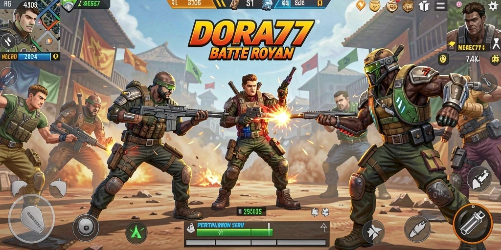 Tampilan aksi mendebarkan dalam gameplay DORA77 Battle Royale.