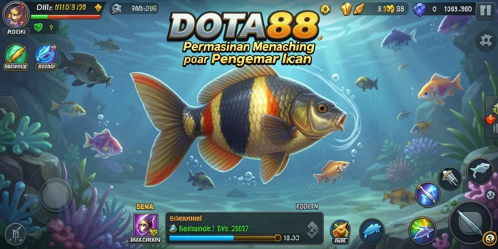 Screenshot gameplay DOTA88 menampilkan aksi memancing yang seru di lautan.