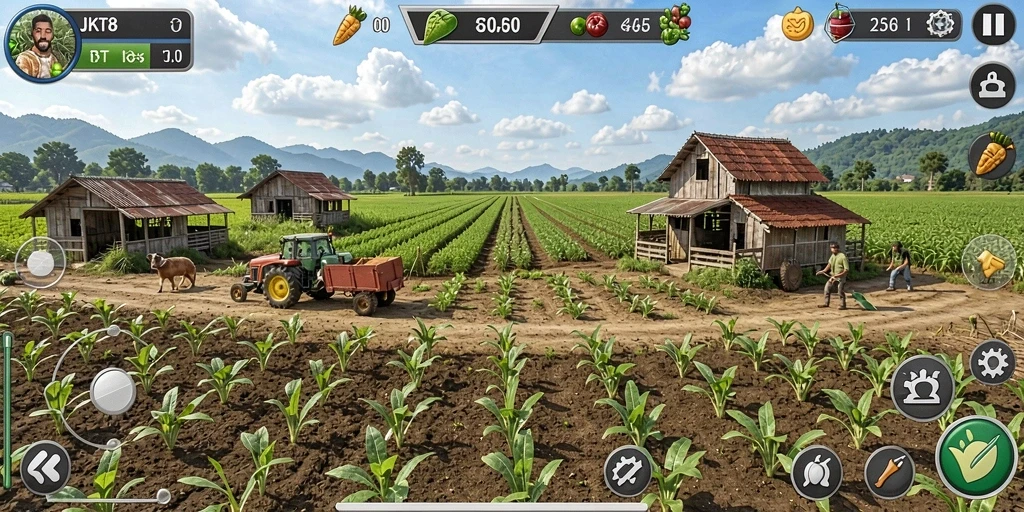 Tangkapan layar gameplay JKT8 yang menampilkan kegiatan bertani yang seru.