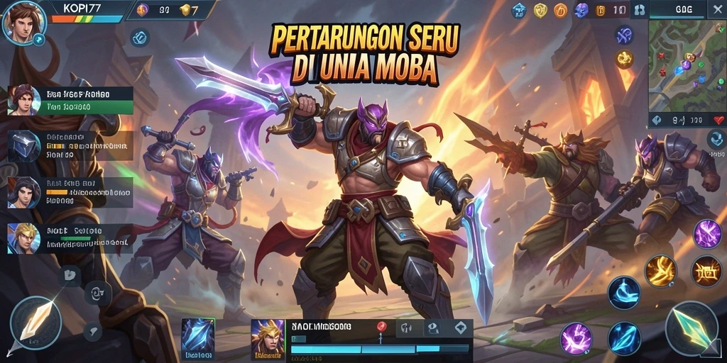 Screenshot gameplay KOPI77 yang menunjukkan aksi seru di arena MOBA.