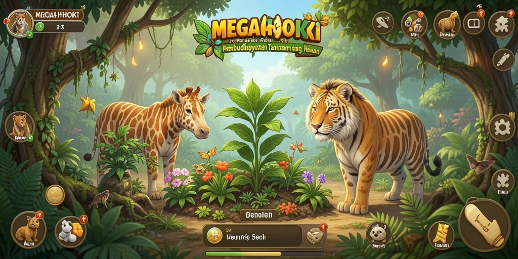 Screenshot MEGAHOKI menampilkan aktivitas bertani yang seru dan interaksi dengan hewan.