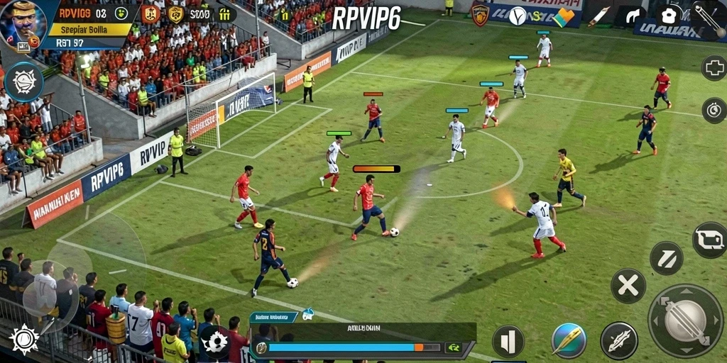 Screenshot gameplay RPVIP6 menampilkan aksi sepak bola yang mendebarkan.