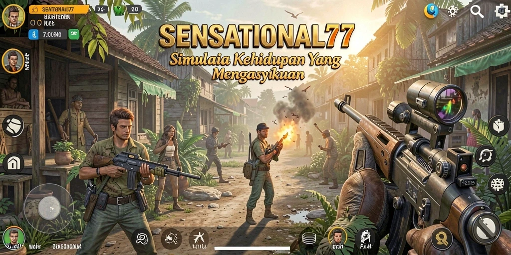 Tangkapan layar utama dari gameplay <strong>SENSATIONAL77</strong> memperlihatkan dunia simulasi yang kaya dan interaktif.
